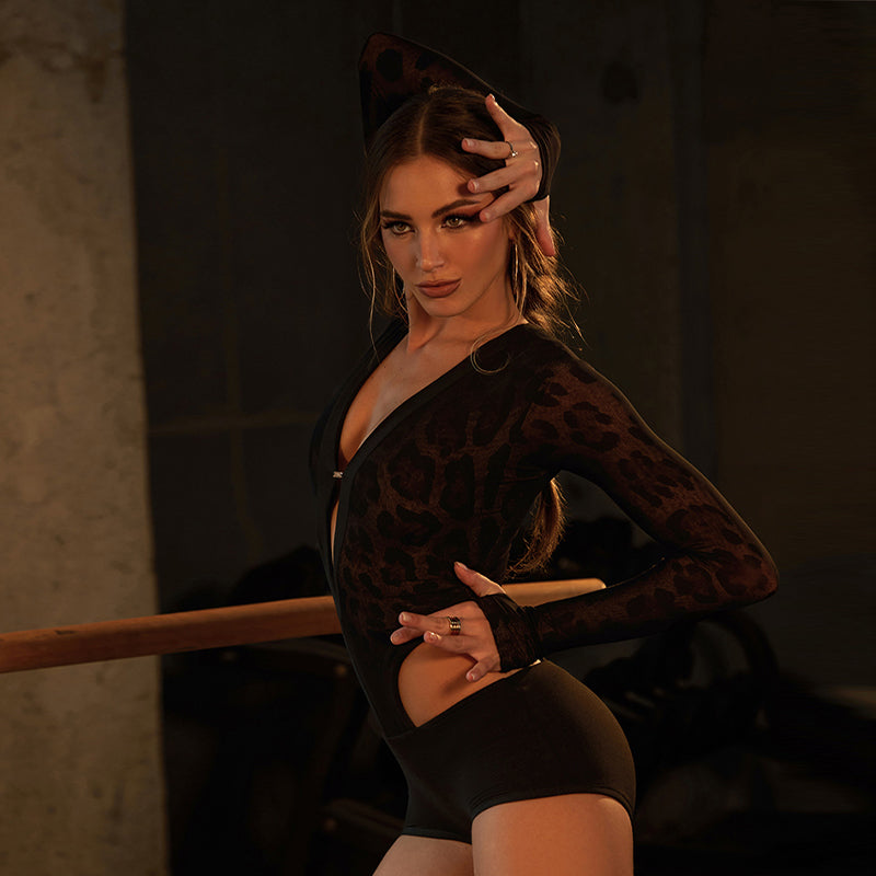 Latin Dance Leotard Leopard Mesh Zip Front Deep V Bodysuit in Black, on model