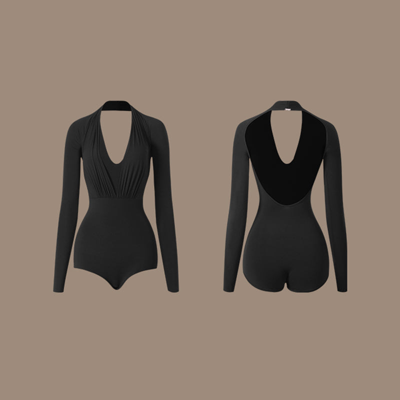 Latin Dance Leotard Ruched Deep V Mock Neck Long Sleeve Bodysuit, view 2