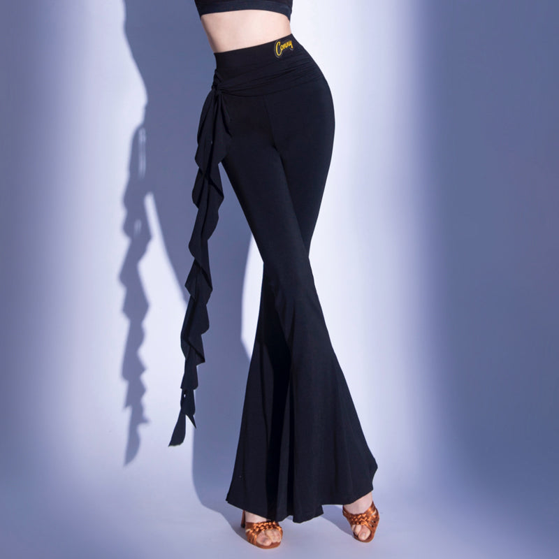 Ruffle Trim Ballroom Dance Pants High Waist Bell Bottom Practice Trousers in Black, on model