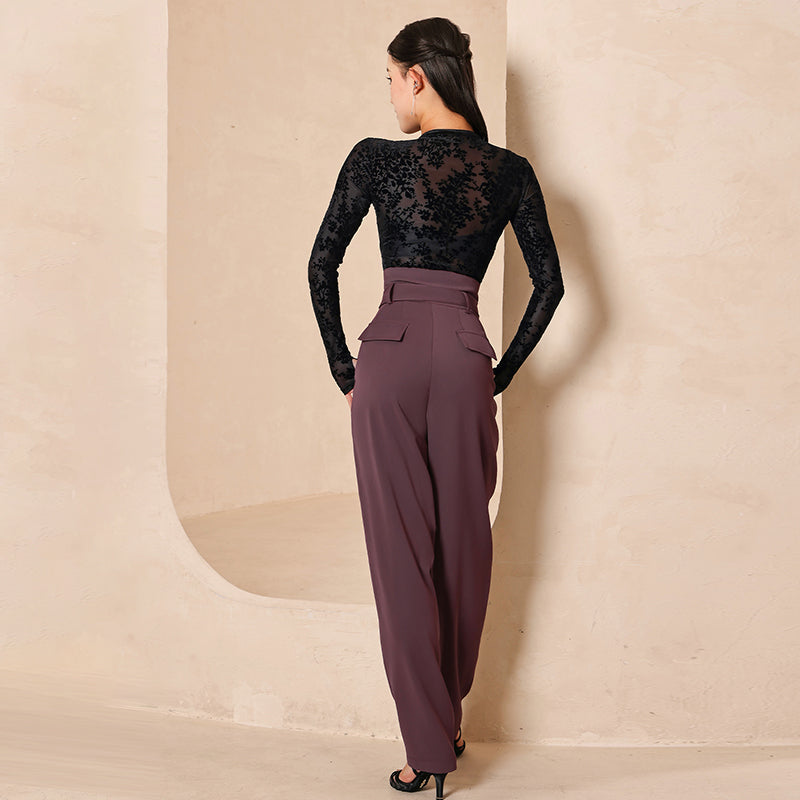 Purple Latin Dance Pants High Waist Pleated Belted Practice Trousers, view 3