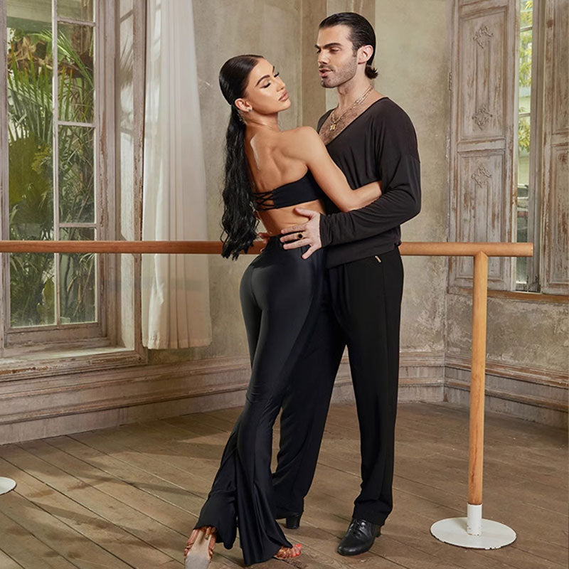 Ruched Latin Dance Pants High Waist Knot Tie Flared Practice Trousers, view 6
