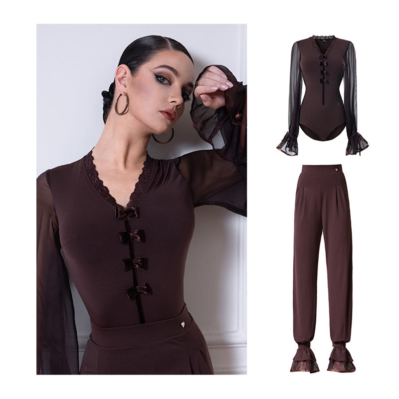 Chiffon Ruffle Ballroom Dance Pants High Waist Tapered Practice Trousers, view 2