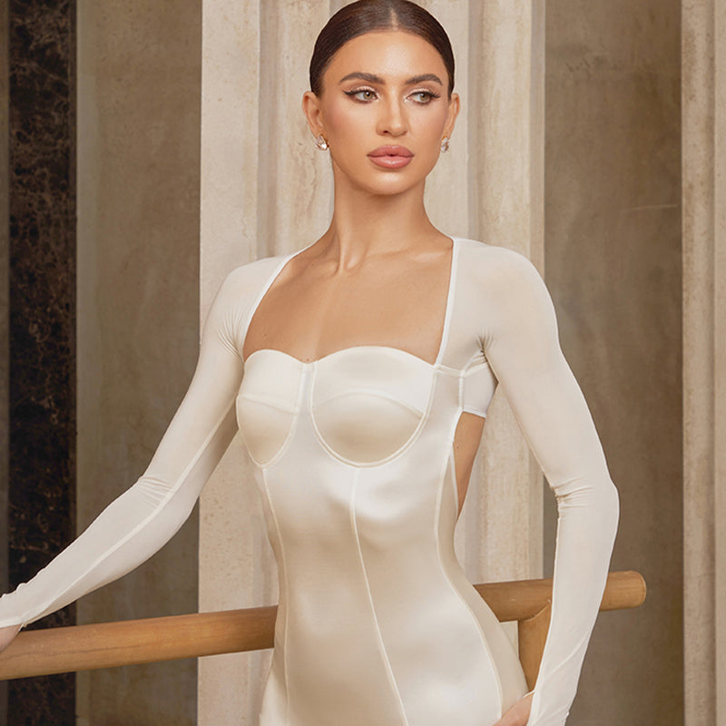 Latin Dance Leotard Corset Seam Square Neck Long Sleeve Bodysuit, view 3