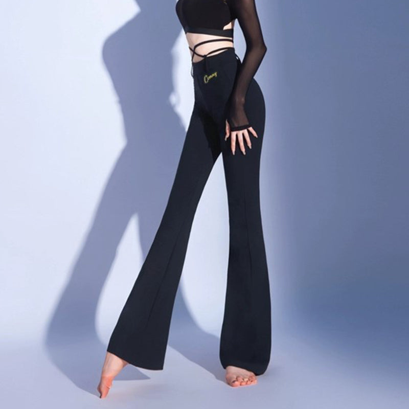 Cross Strap Ballroom Dance Pants High Waist Flared Practice Trousers, view 5