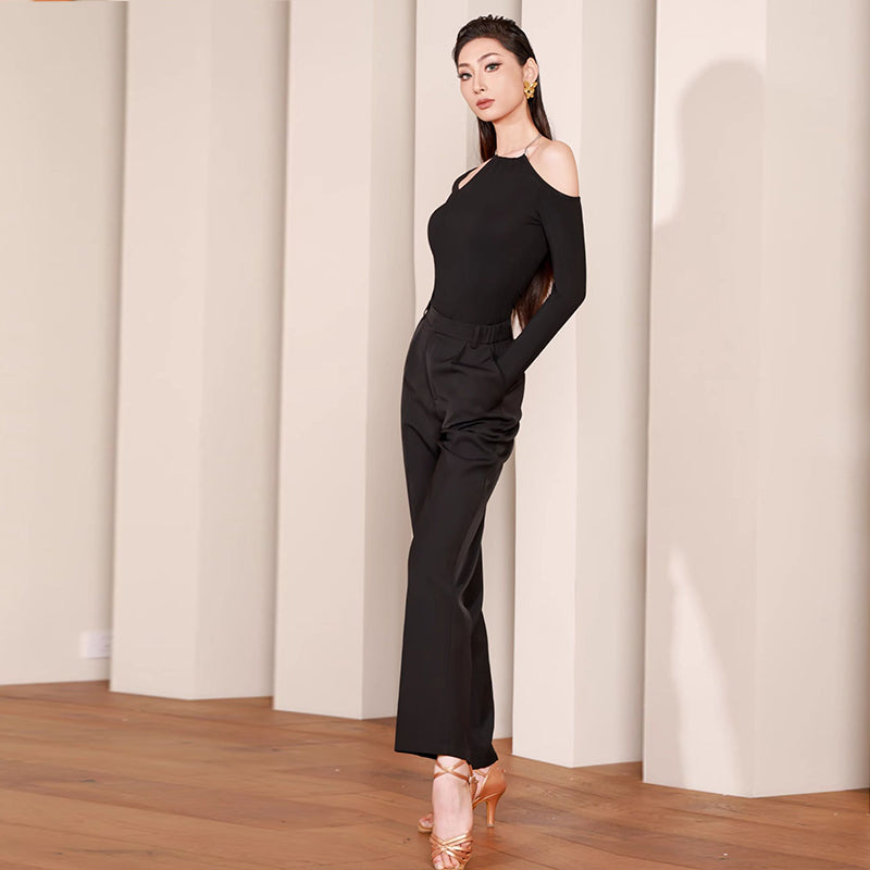 Tailored Latin Dance Pants High Waist Pleated Straight Leg Trousers, view 4