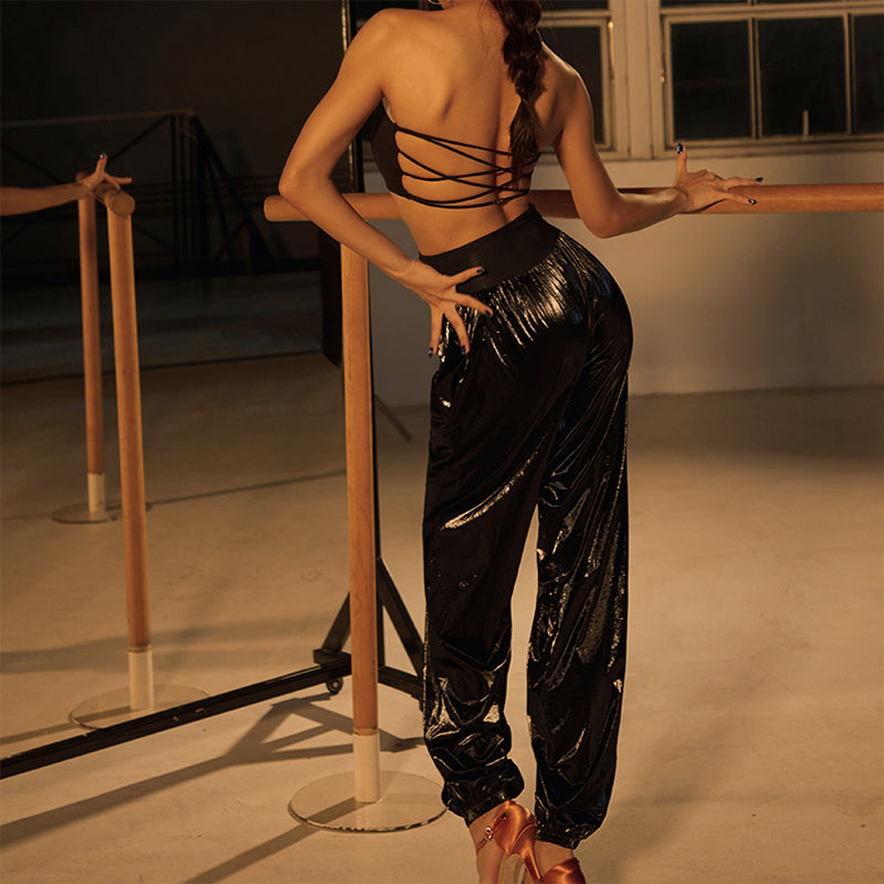 Glossy Sauna Latin Dance Pants High Waist Cuffed Practice Joggers, view 5