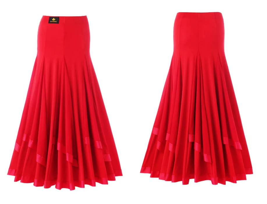 red black ballroom long dance skirt flared godet panel satin ribbon trim mesh horsehair hem high waist full length