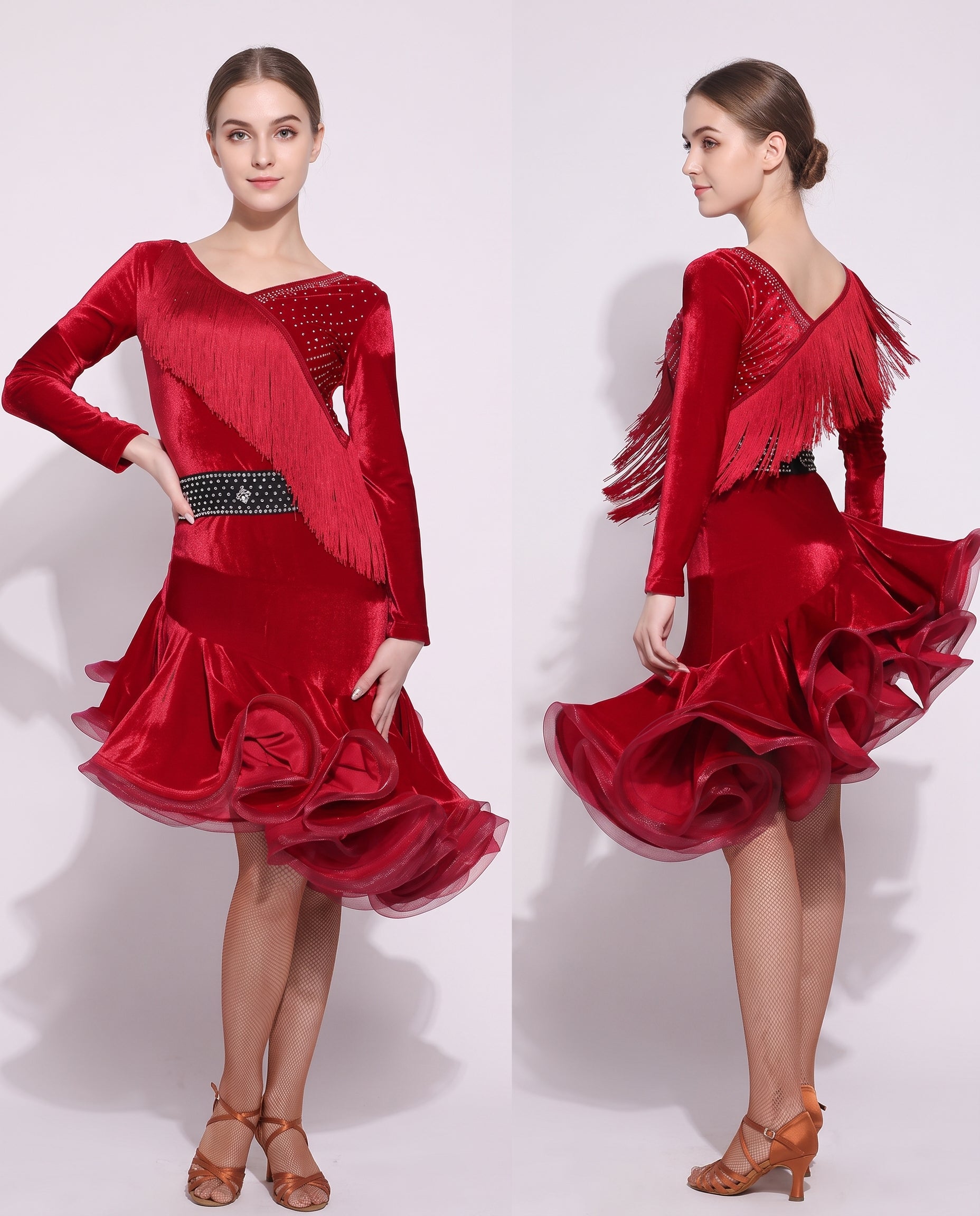 latin dance dress velvet fringe tassel rhinestone long sleeve organza ruffle hem mermaid competition performance salsa r