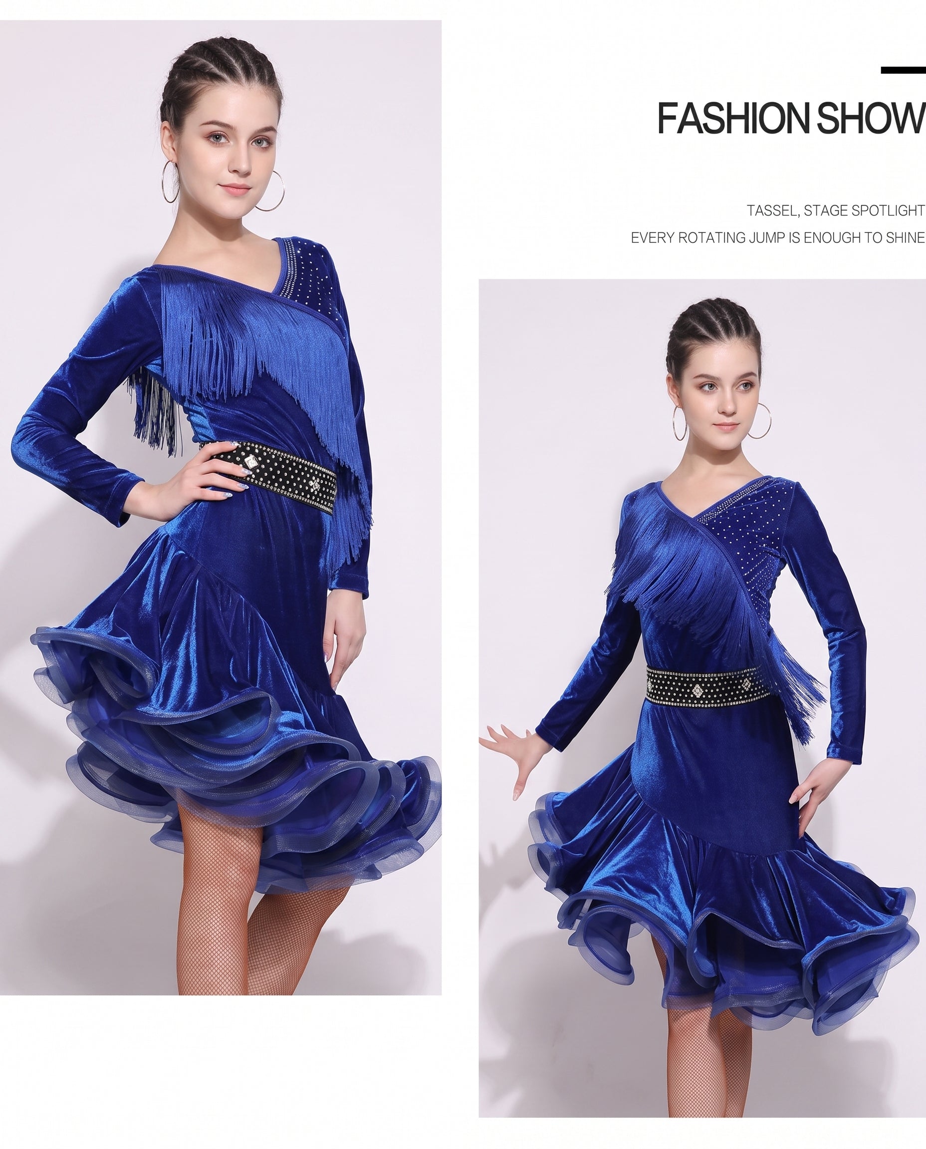 latin dance dress velvet fringe tassel rhinestone long sleeve organza ruffle hem mermaid competition performance salsa r