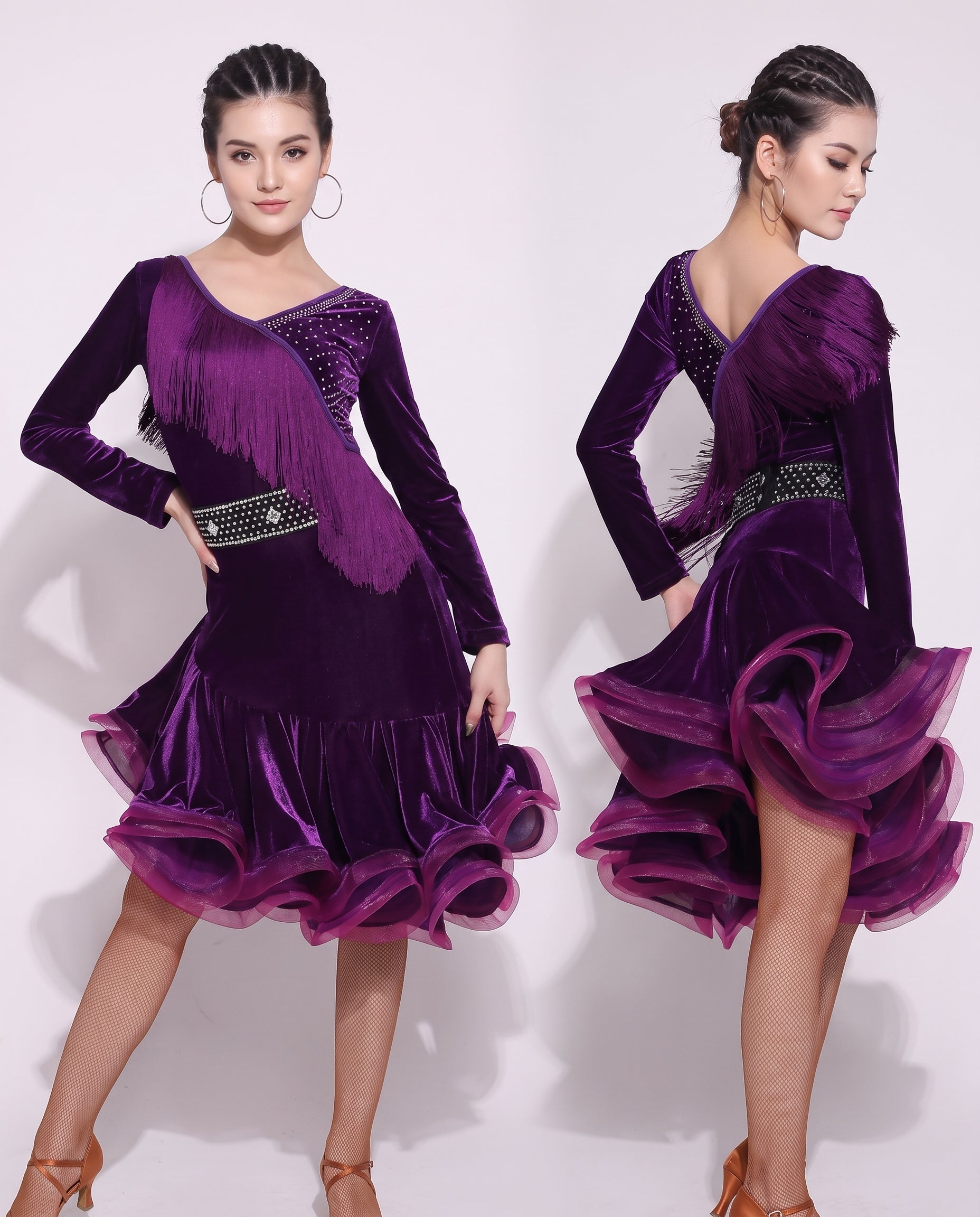 latin dance dress velvet fringe tassel rhinestone long sleeve organza ruffle hem mermaid competition performance salsa r