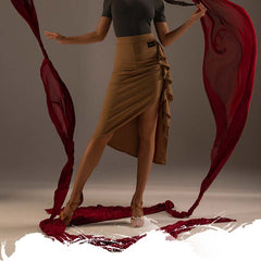 Camel Latin dance skirt for salsa practice with midi wrap, ruffle cascade and front slit, with red silk streamers