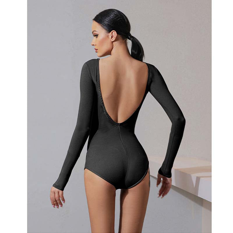 Latin Dance Leotard Brushed Cotton Long Sleeve Open Back Bodysuit, view 5