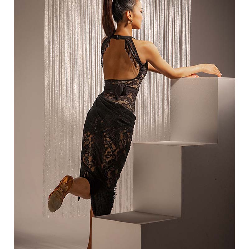 Latin Dance Leotard Black Lace Halter Open Back Bodysuit in Black, open back detail
