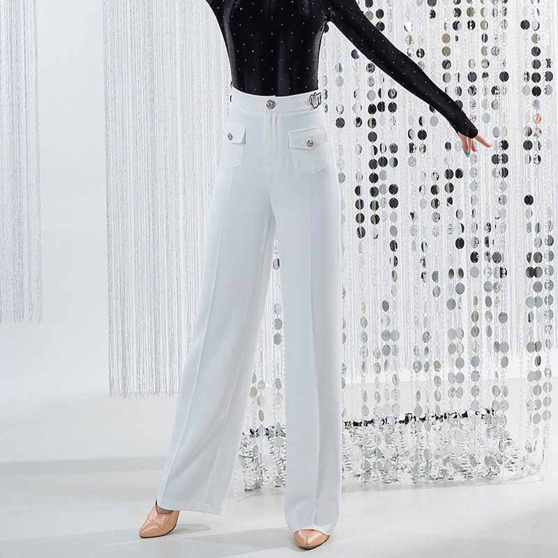 Wide Leg Ballroom Dance Pants High Waist Pocket Practice Trousers in Black, on model