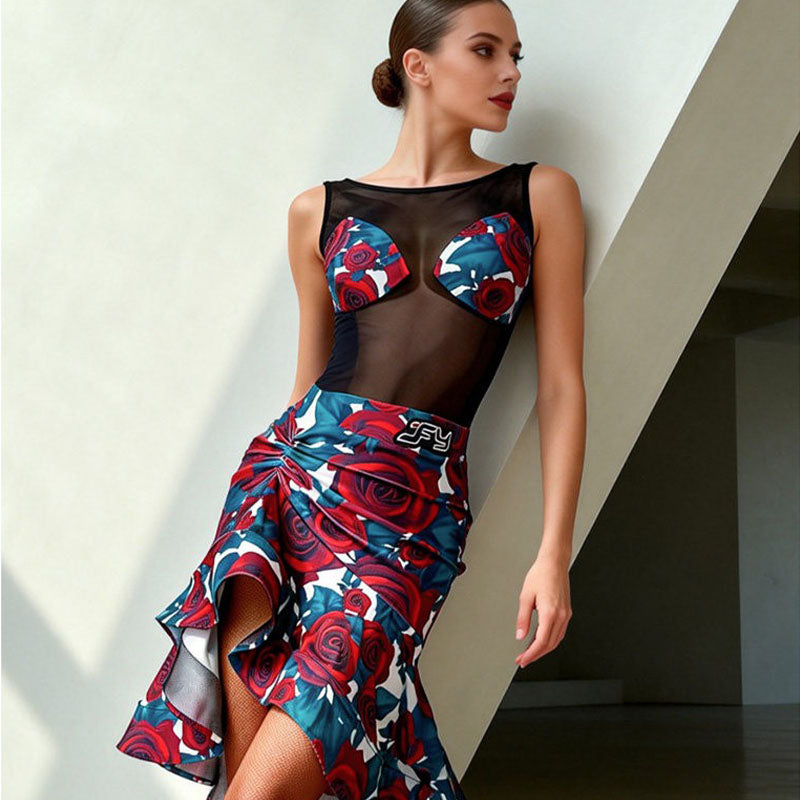 Latin Dance Leotard Rose Print Cup Mesh Panel Bodysuit in Black, on model