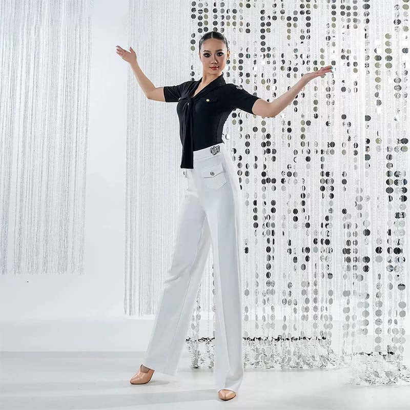 Wide Leg Ballroom Dance Pants High Waist Pocket Practice Trousers, view 4