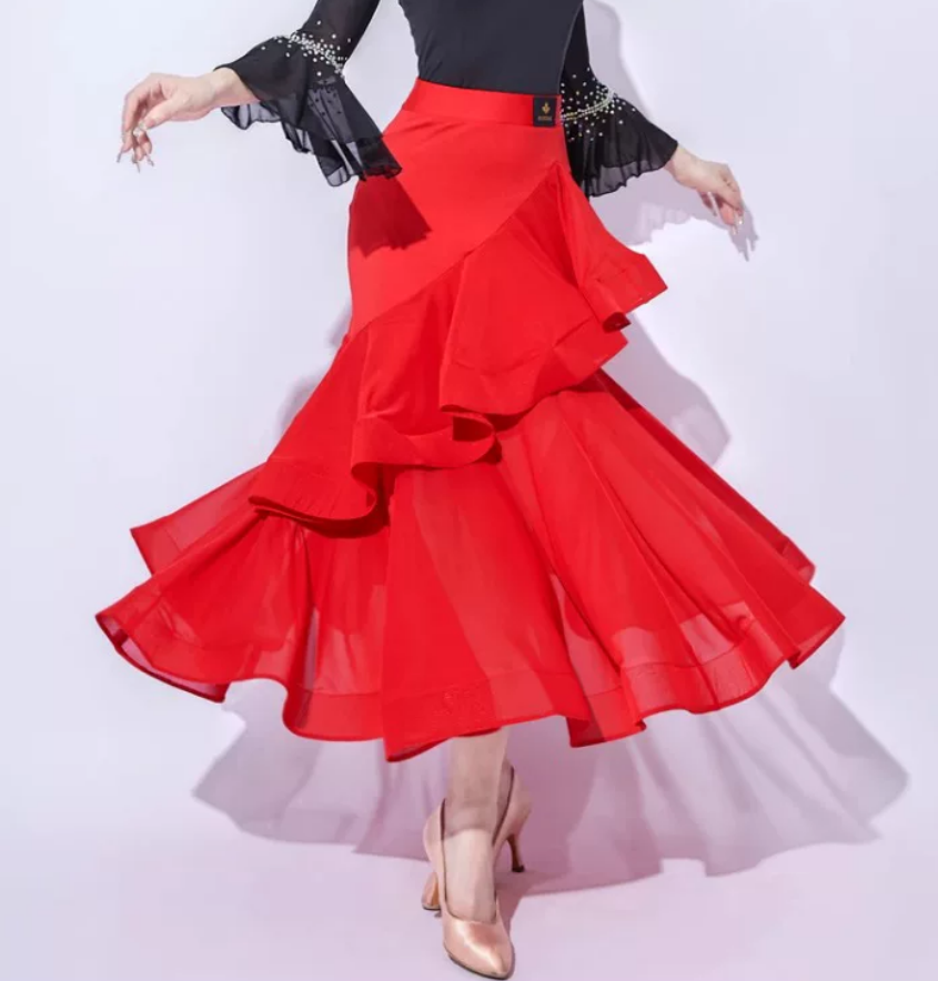 Ballroom asymmetric ruffle cascade dance skirt full length front view