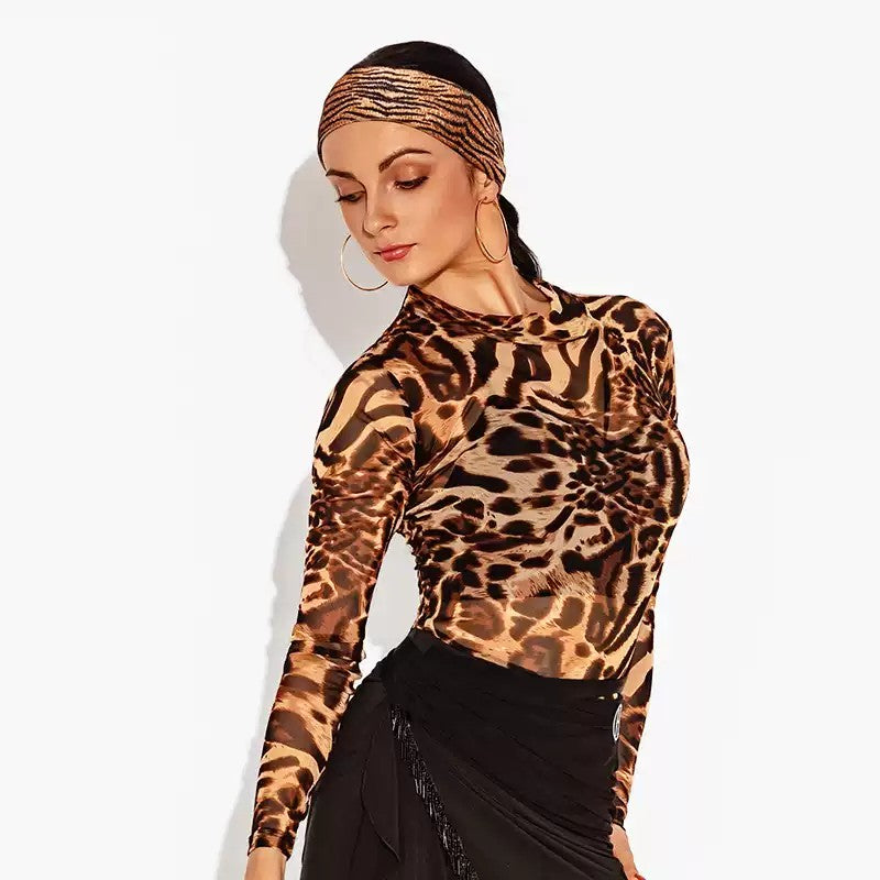 Latin Dance Leotard Leopard Turtleneck Long Sleeve Bodysuit, view 2