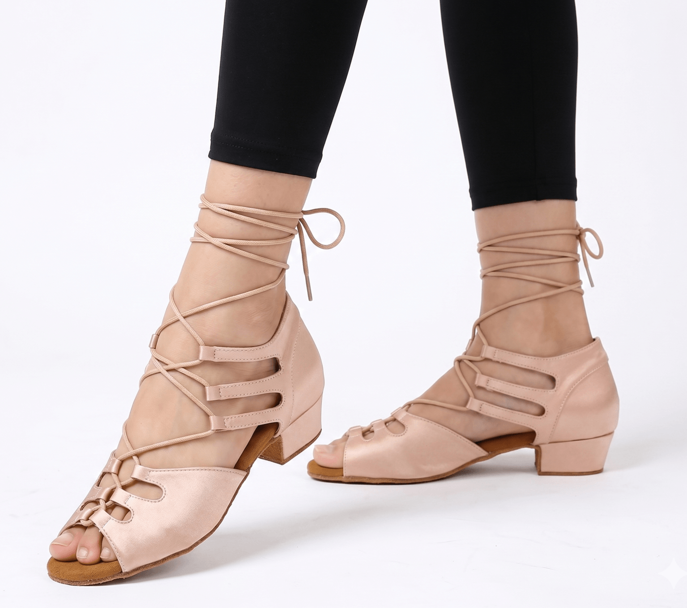 Flesh dance shoes 1.5inch heel side view on feet, nude open toe
