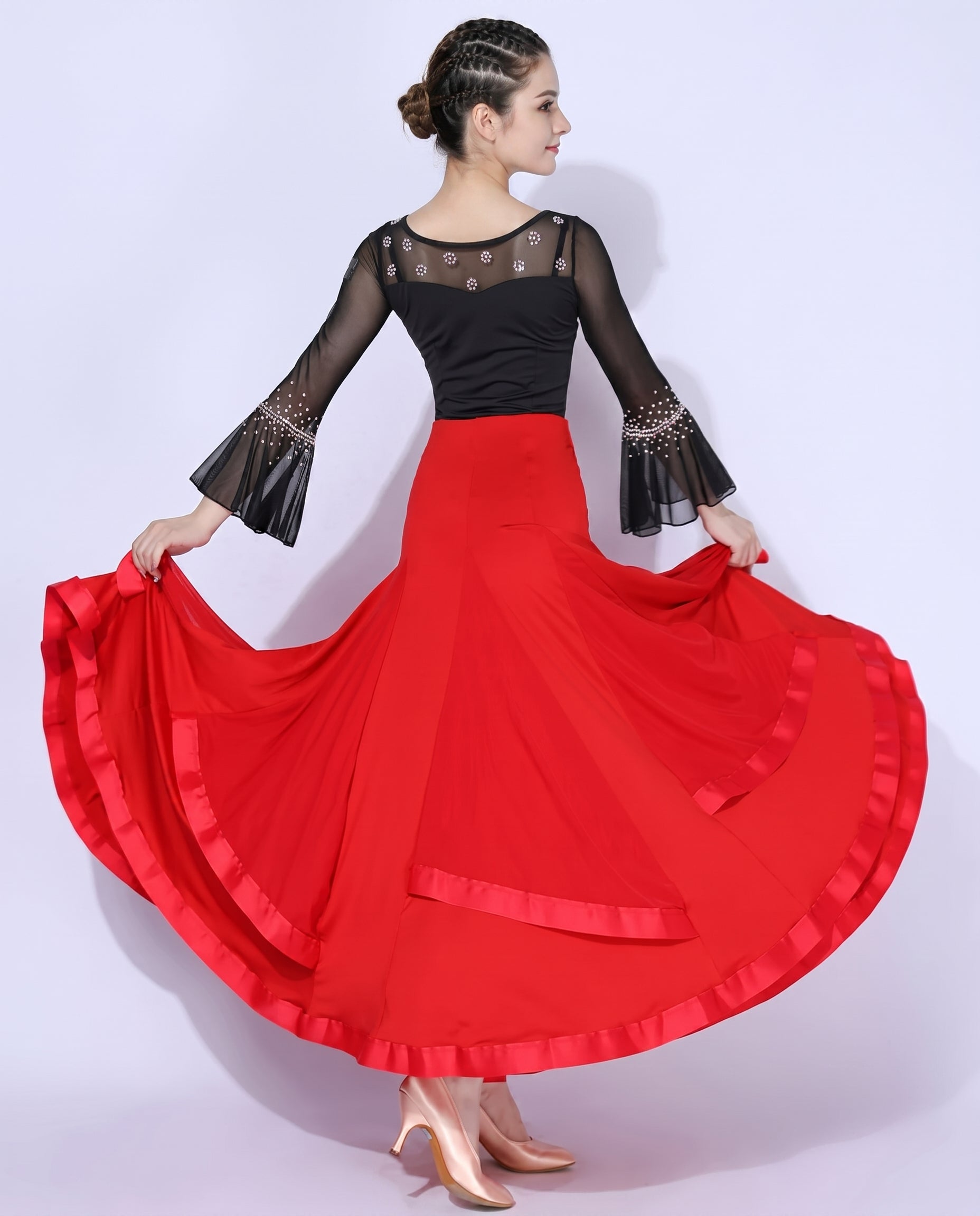 red black ballroom long dance skirt flared godet panel satin ribbon trim mesh horsehair hem high waist back view