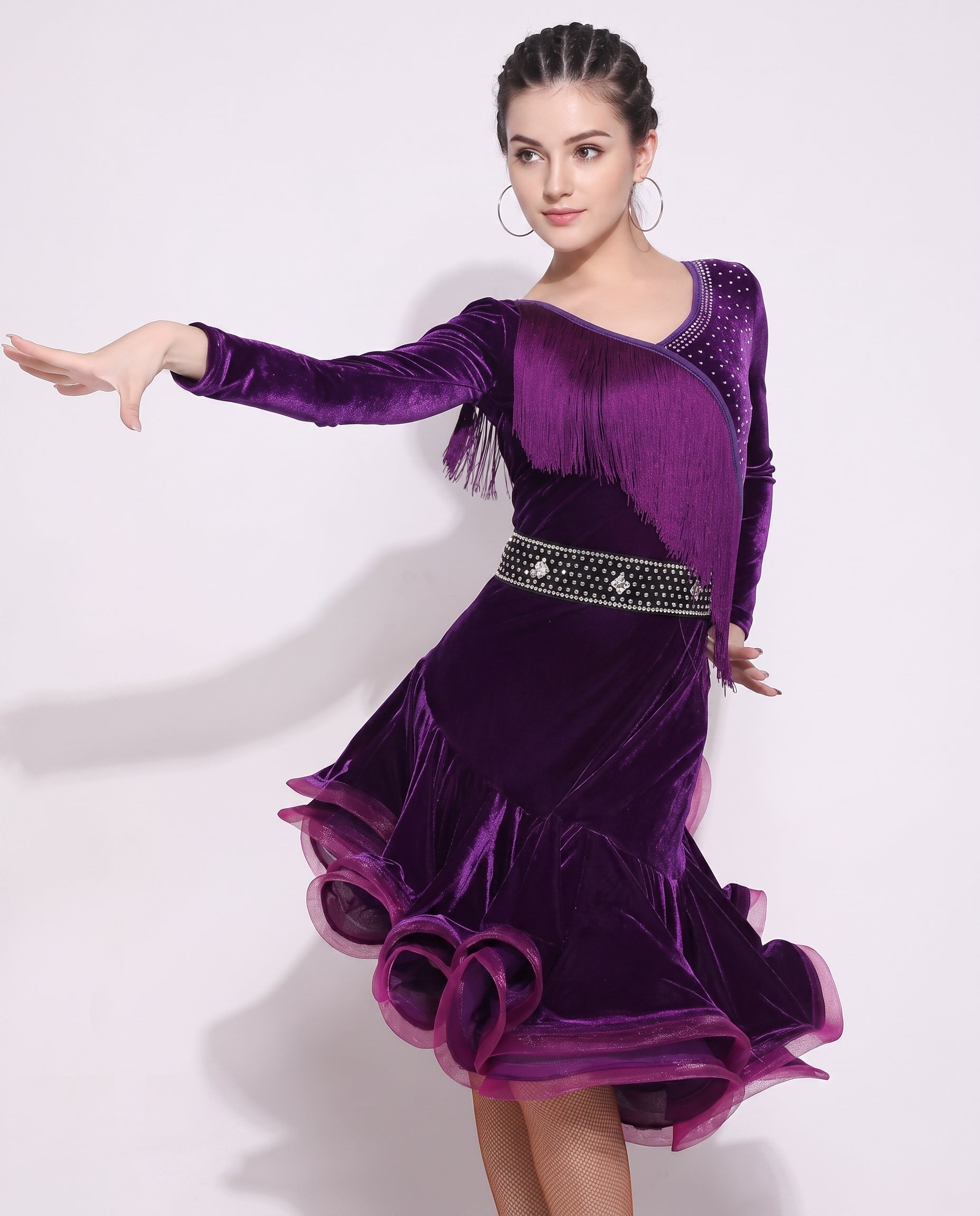 latin dance dress velvet fringe tassel rhinestone long sleeve organza ruffle hem mermaid competition performance salsa r