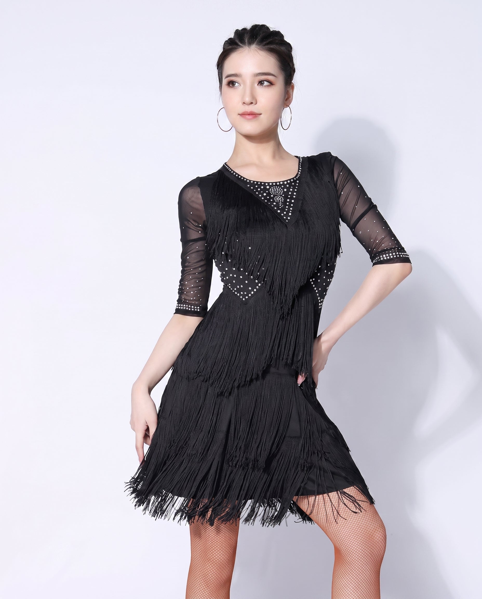 latin dance dress fringe tassel rhinestone mesh sleeve competition performance salsa rumba cha cha samba practice back v