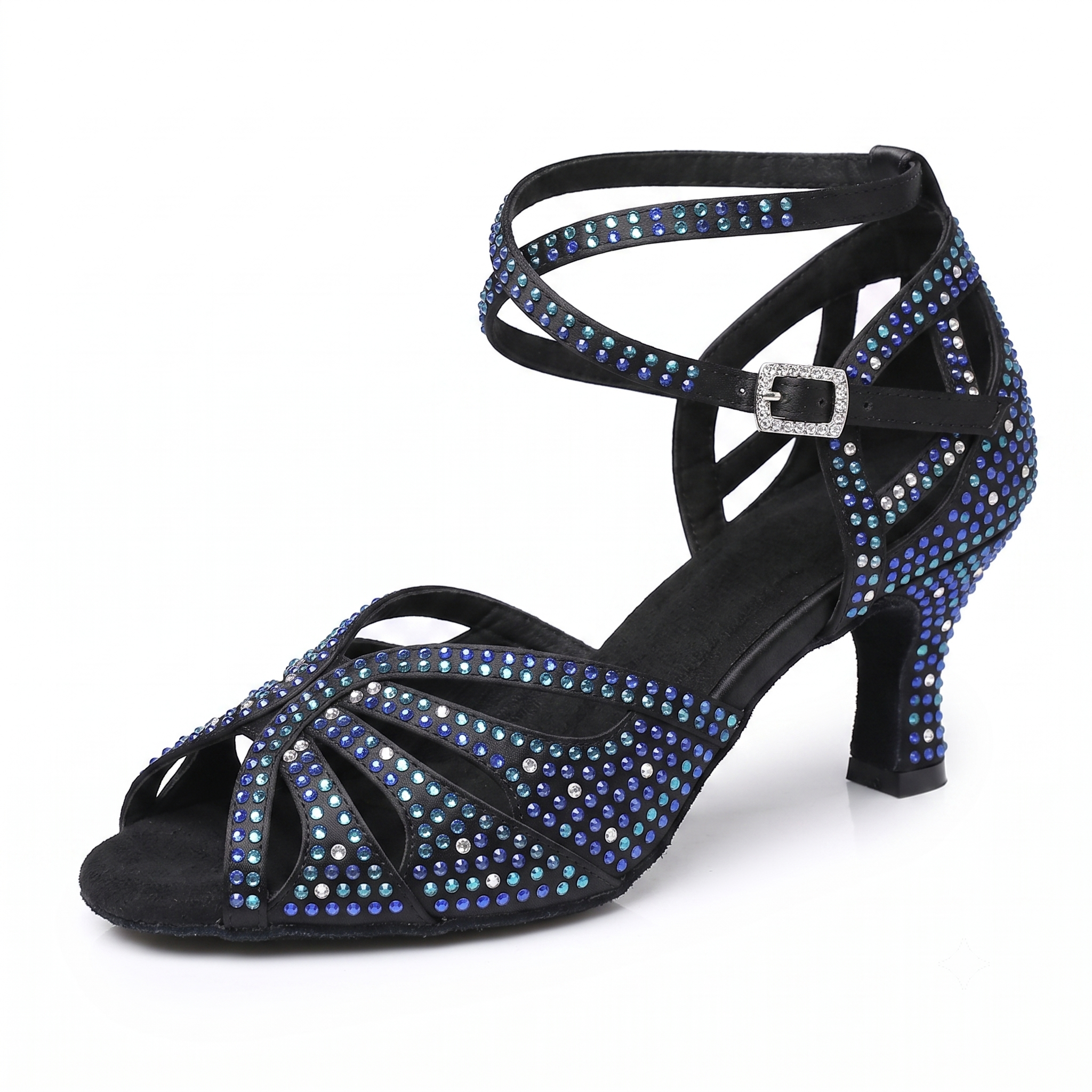 Rhinestone women's latin dance shoes front view with blue crystal straps and buckle closure