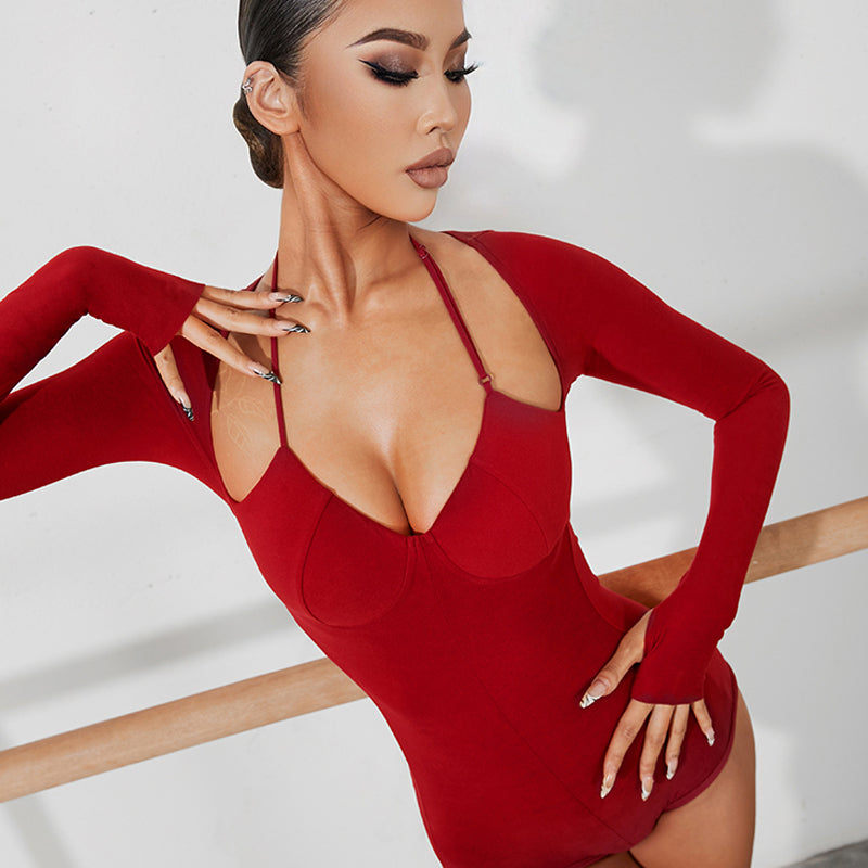 Latin Dance Leotard Corset Bust Halter Long Sleeve Bodysuit, view 5