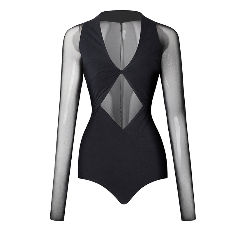 Latin Dance Leotard Twist Front Cutout Mesh Sleeve Bodysuit, view 2