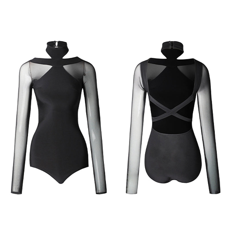 Latin Dance Leotard Mesh Sleeve Cross Strap Open Back Bodysuit, view 10