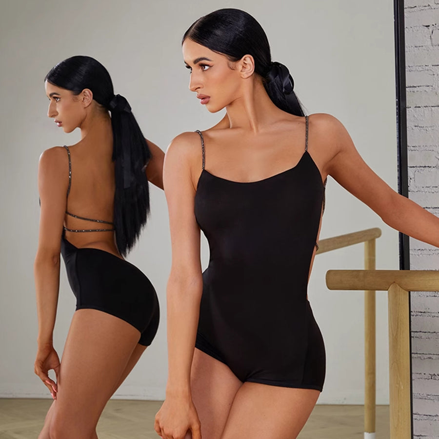 Latin Dance Leotard Thin Strap Crossback Practice Bodysuit in Black, on model