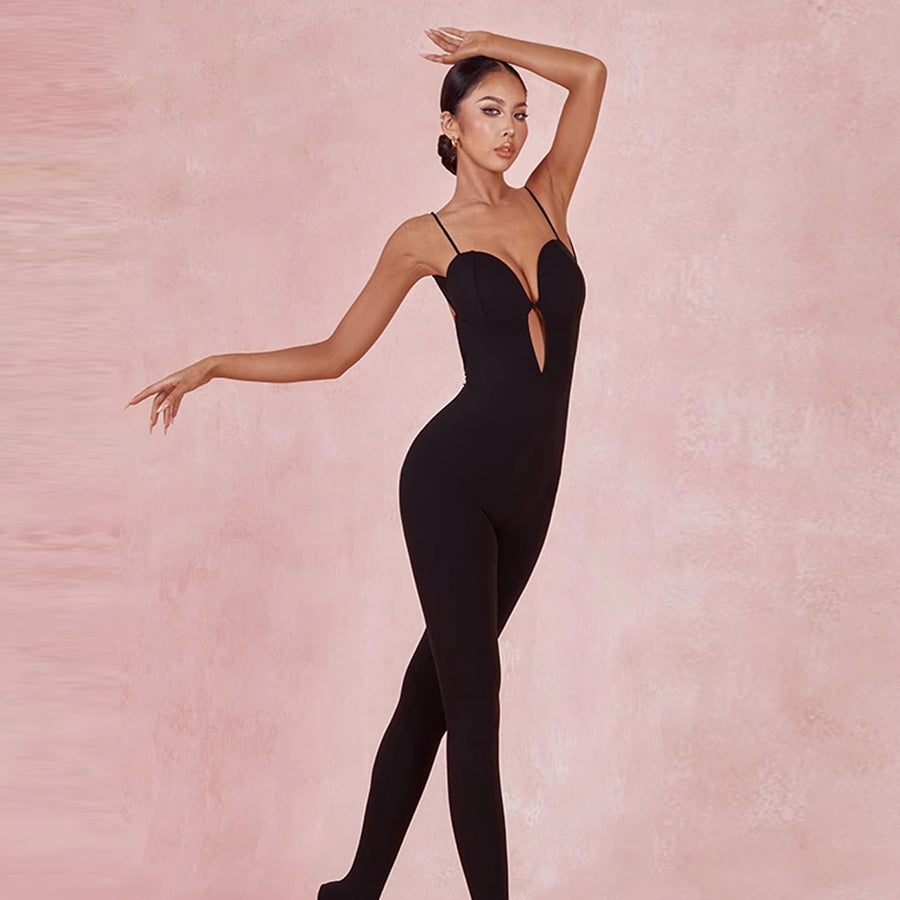 Latin Dance Unitard Deep V Lace Trim Full Length Bodysuit in Black, on model