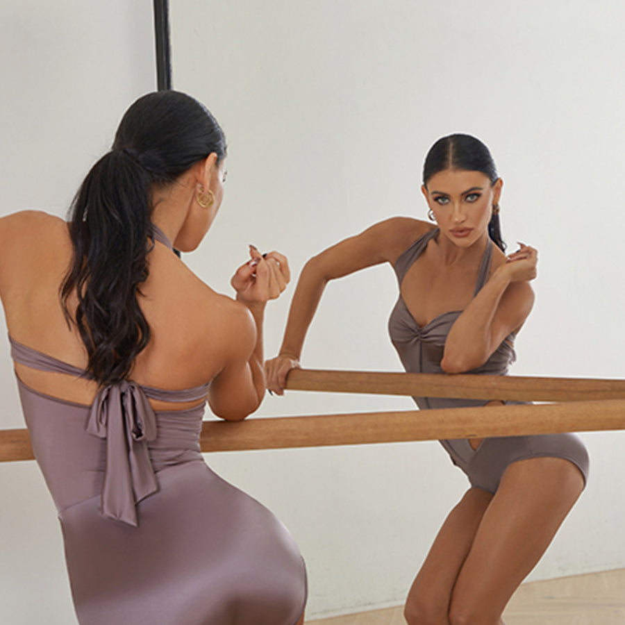 Latin Dance Leotard Satin Halter Side Cutout Bow Back Bodysuit, view 4