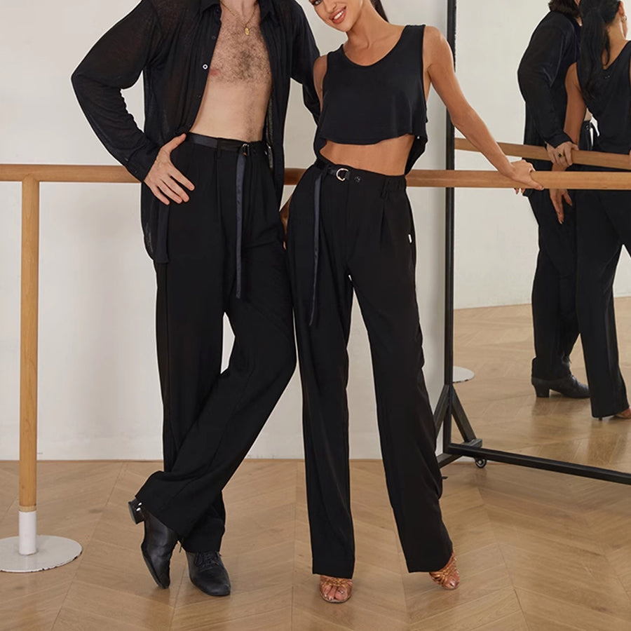 Tailored Ballroom Dance Pants Wide Leg Belted Practice Trousers, view 3
