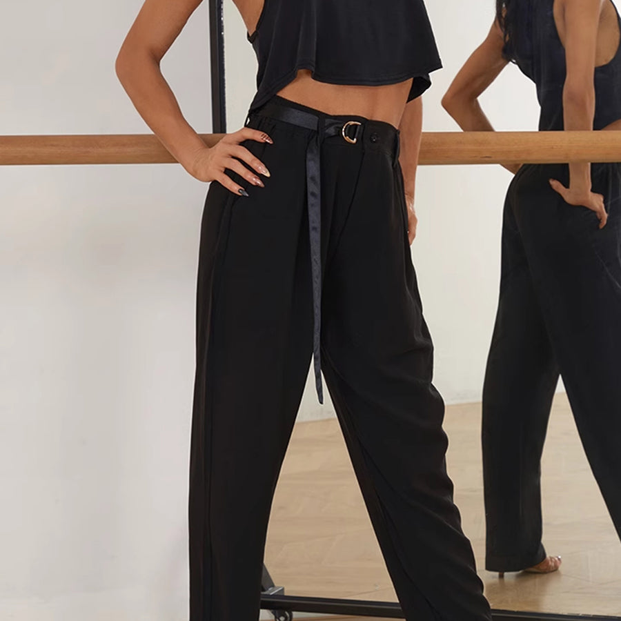 Tailored Ballroom Dance Pants Wide Leg Belted Practice Trousers, view 8