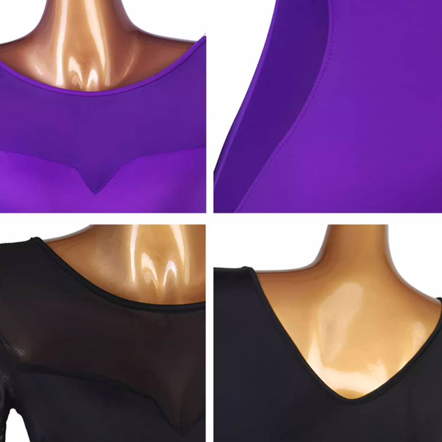 Detail collage of the mesh yoke, sweetheart seam and V back in purple and black