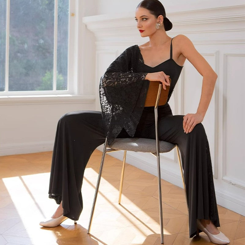 Ballroom Dance Leotard One Shoulder Lace Bell Sleeve Bodysuit, view 7