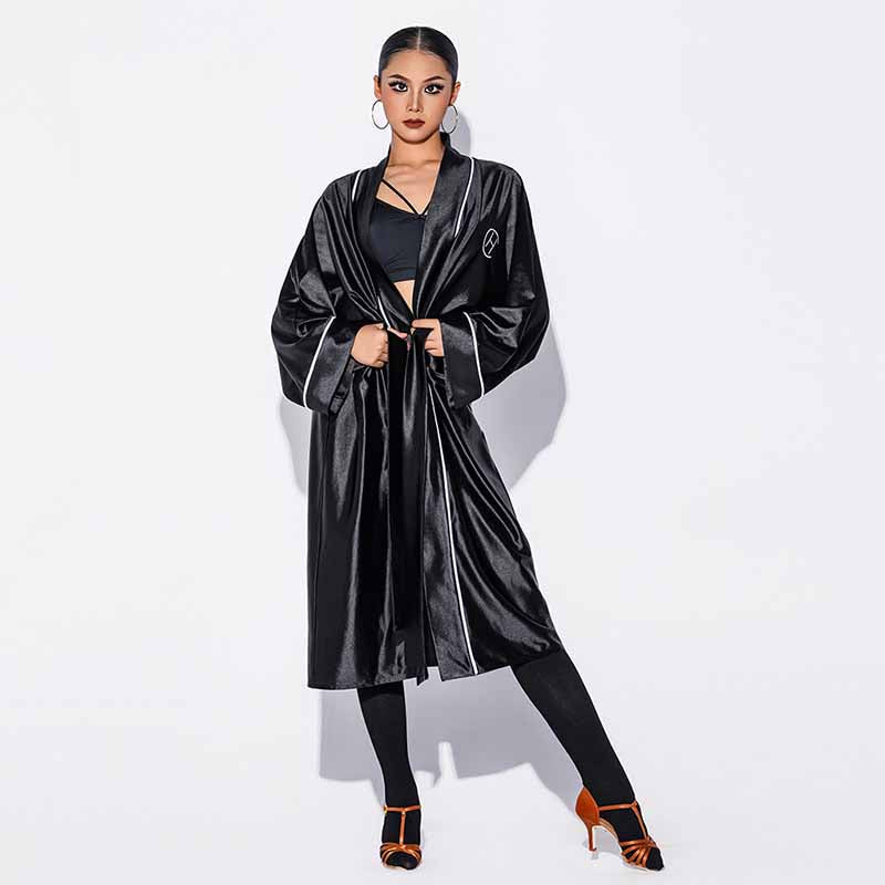 Black satin dance warm up robe worn open, front view