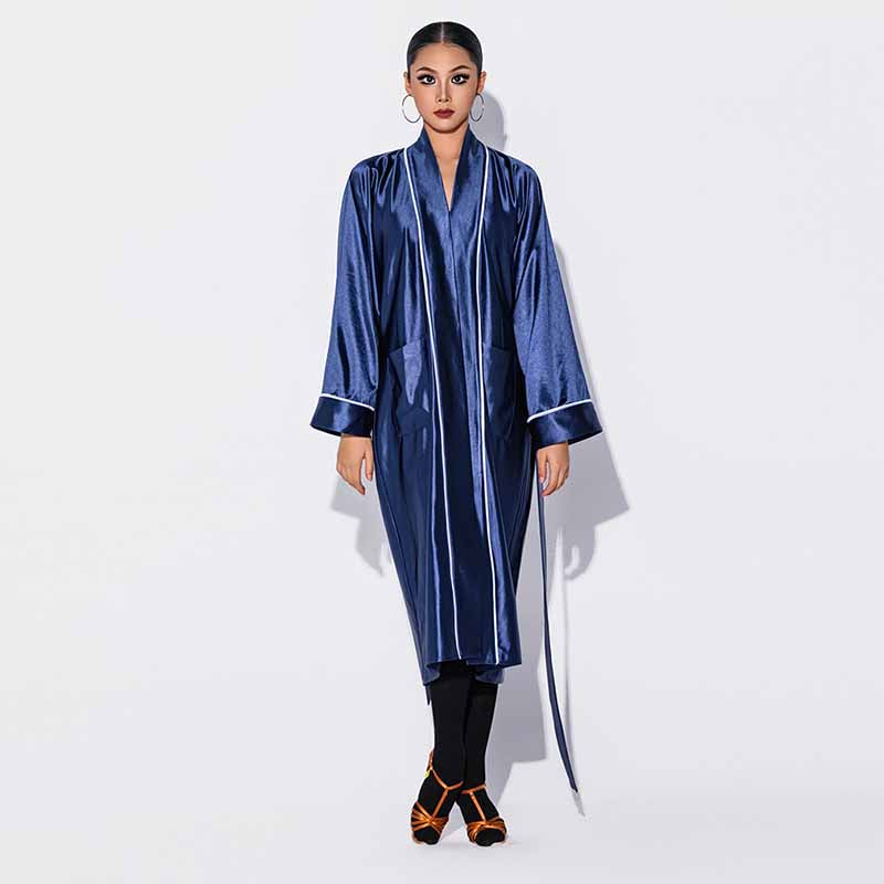 Blue satin dance warm up robe worn open, front view