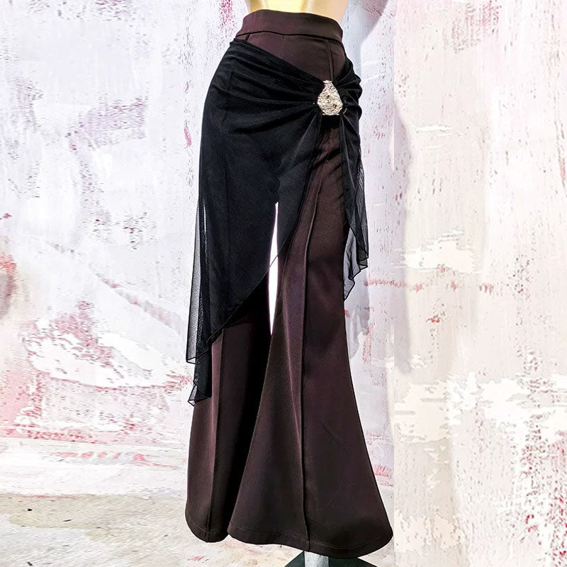 Mesh Drape Latin Dance Pants Bell Bottom Brooch Practice Trousers in Brown, on model