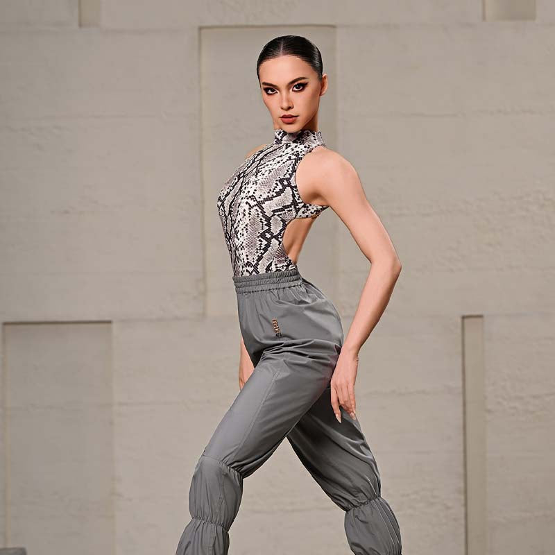 Latin Dance Leotard Snake Print Sleeveless Mock Neck Bodysuit, view 6