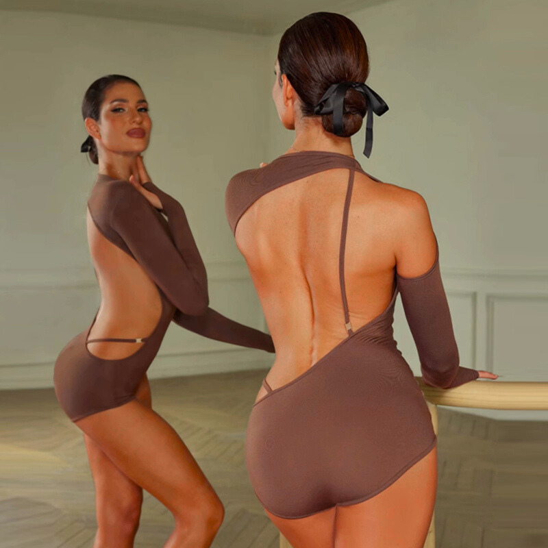Latin Dance Leotard Cold Shoulder Strappy Open Back Bodysuit, view 5