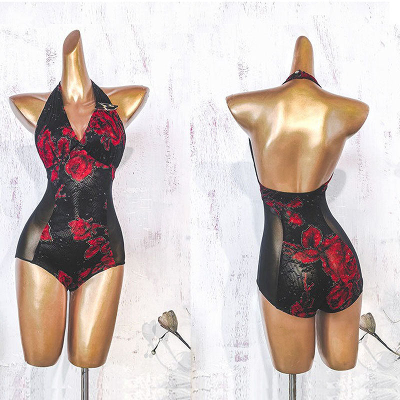 Latin Dance Leotard Rose Print Halter V Neck Bodysuit, view 2
