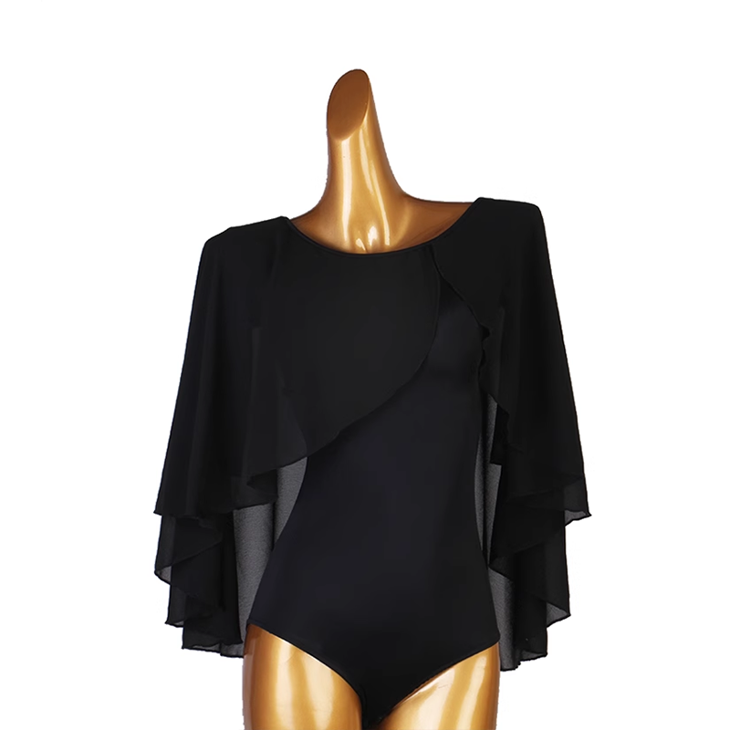 TTdancewear black chiffon cape sleeve Latin dance leotard bodysuit, front view