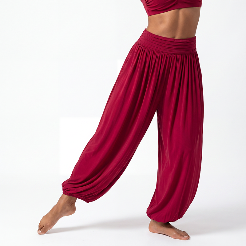Harem Latin Dance Pants Relaxed Wide Leg Gathered Cuff Trousers in Burgundy, on model