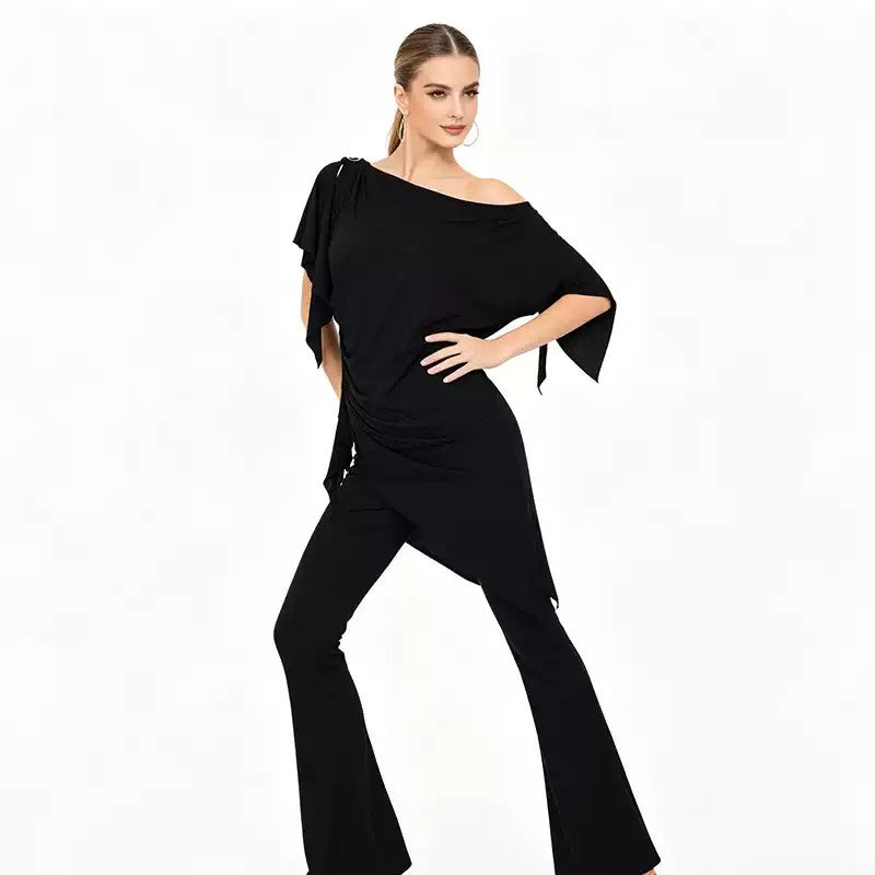 Latin Dance Pants High Waist Bell Bottom Flared Practice Trousers in Black, on model