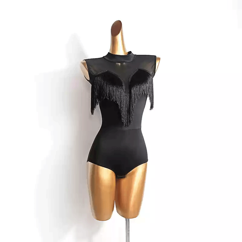 Latin Dance Leotard Fringe Mesh Yoke Sleeveless Bodysuit in Black, on model