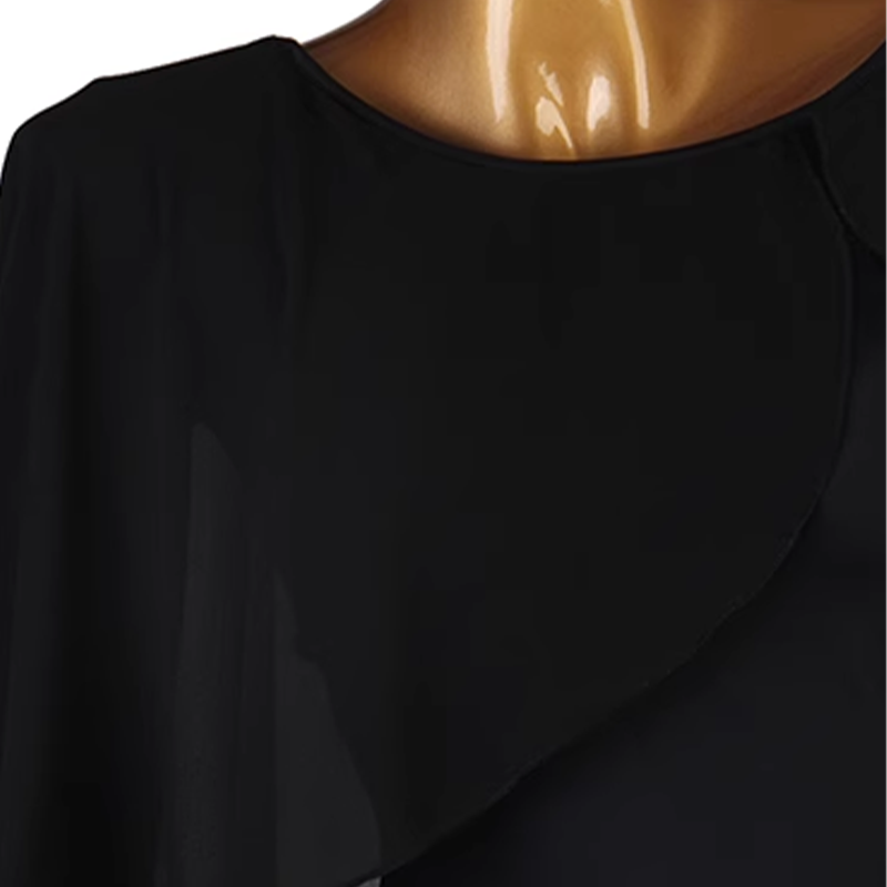 Close-up of the scoop neckline and chiffon cape sleeve on the black Latin dance bodysuit