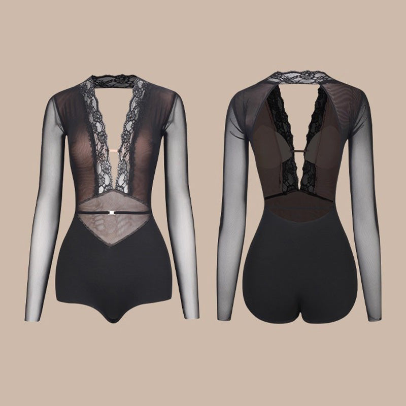 Latin Dance Leotard Sheer Mesh Lace Trim Deep V Bodysuit, view 2