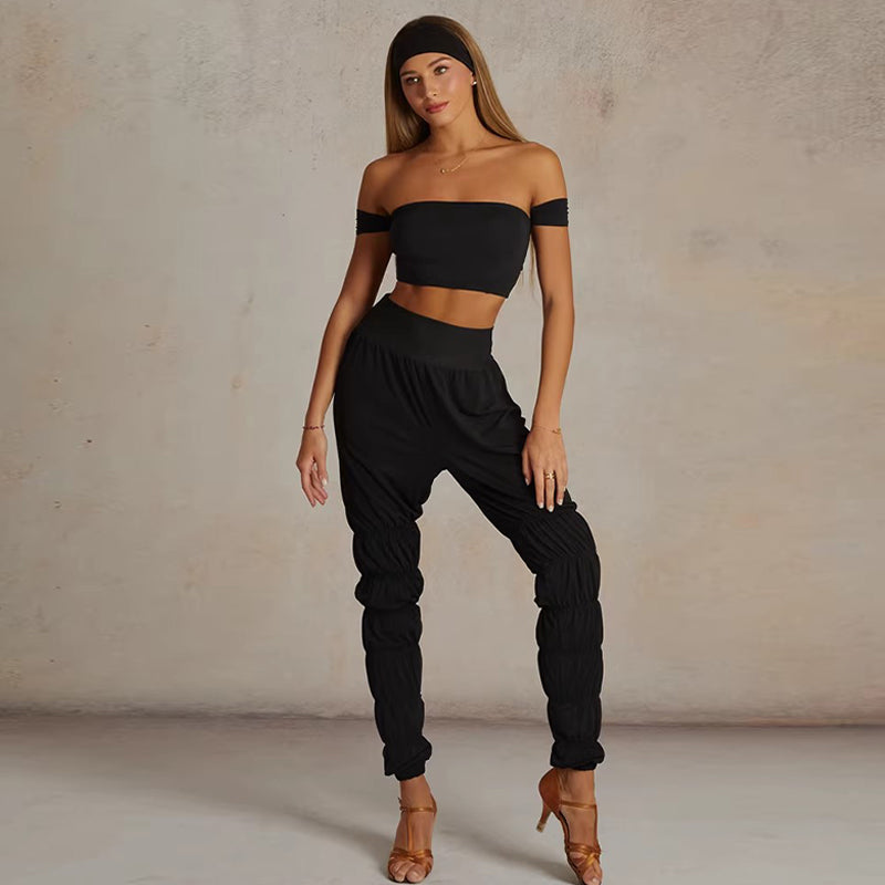 Shirred Sauna Latin Dance Pants High Waist Tapered Practice Joggers in Black, on model
